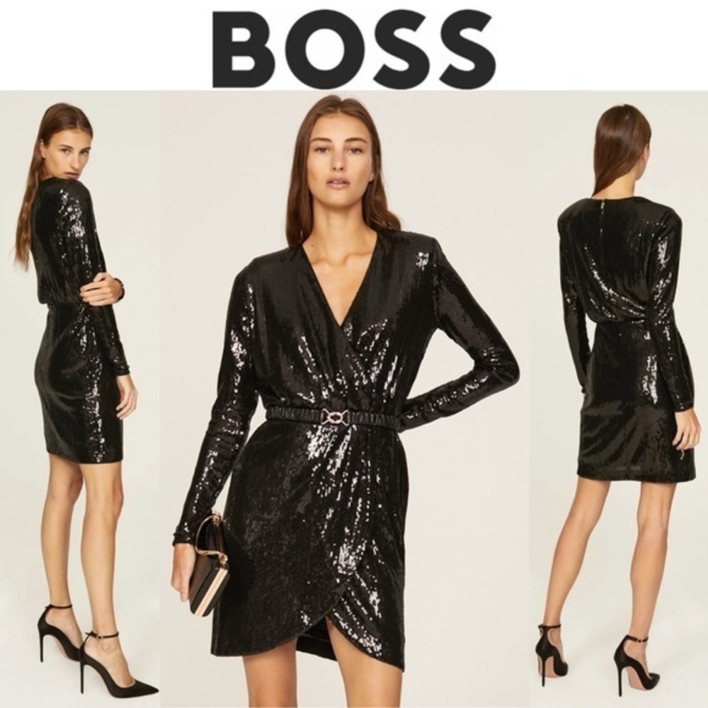 BOSS Epalleta Black Sequin Dress Sz S NWT 398$